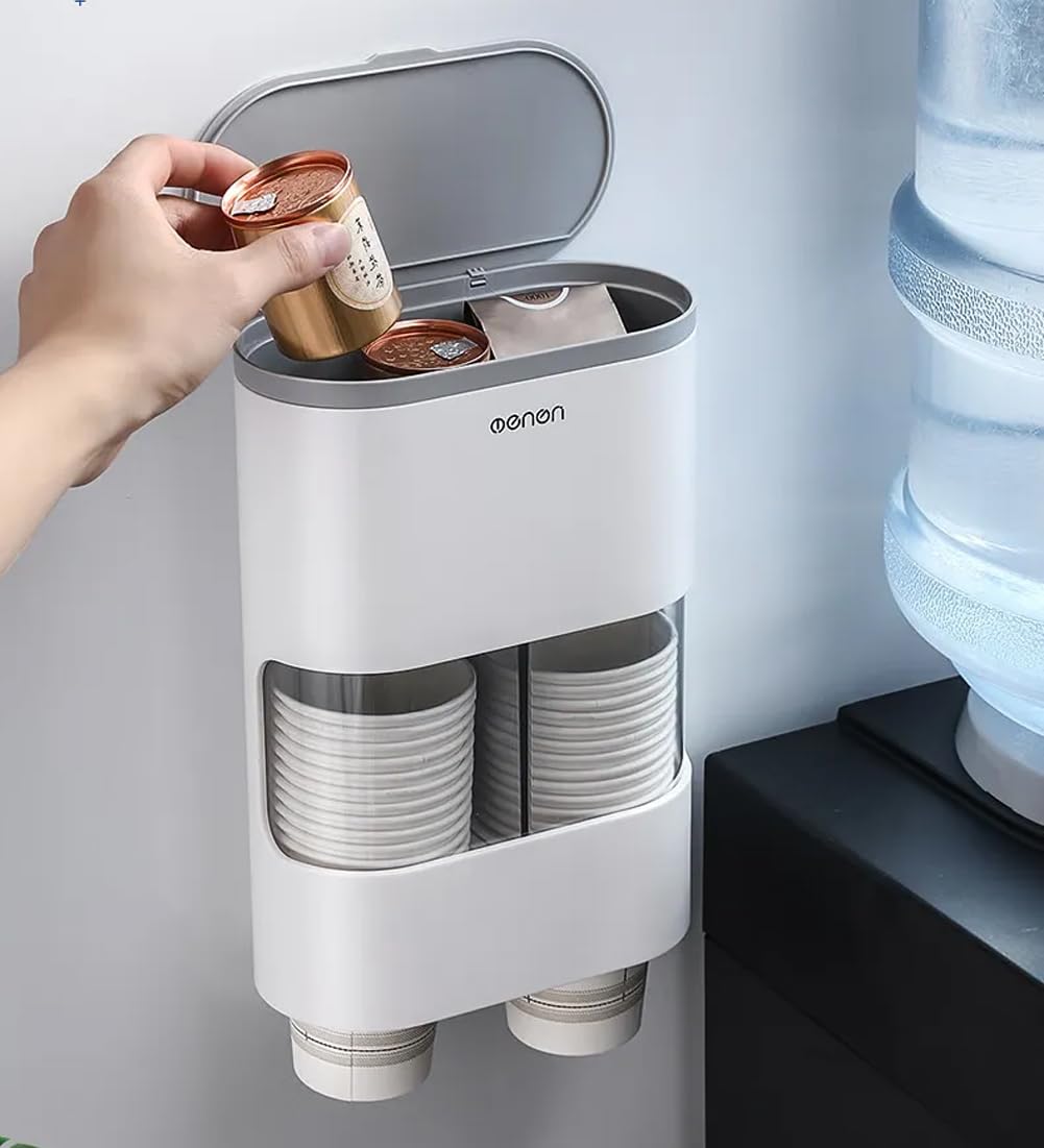 Evona Wall Mounted Anti-Dust Self-Adhesive Automatic Cup Dispenser - Paper Cup Holder for Office, Kitchen, or Restaurant - Convenient Disposable Cup Storage Solution