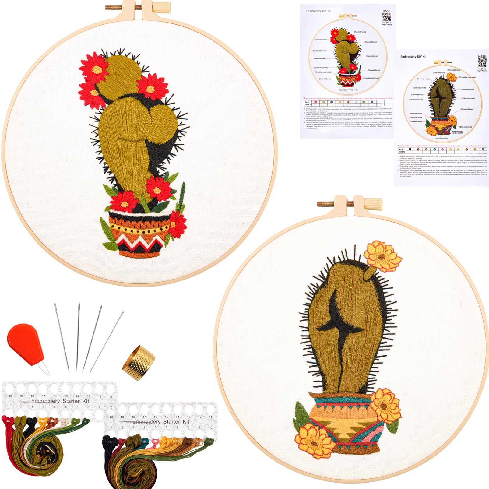 Funny Cactus Embroidery Kit for Beginners - Complete Cross Stitch Starter Set with 2 Fabric Pieces & Hoops, Step-by-Step Video Tutorial | Perfect DIY Gift for Adults, Home Decor & Stress Relief Craft
