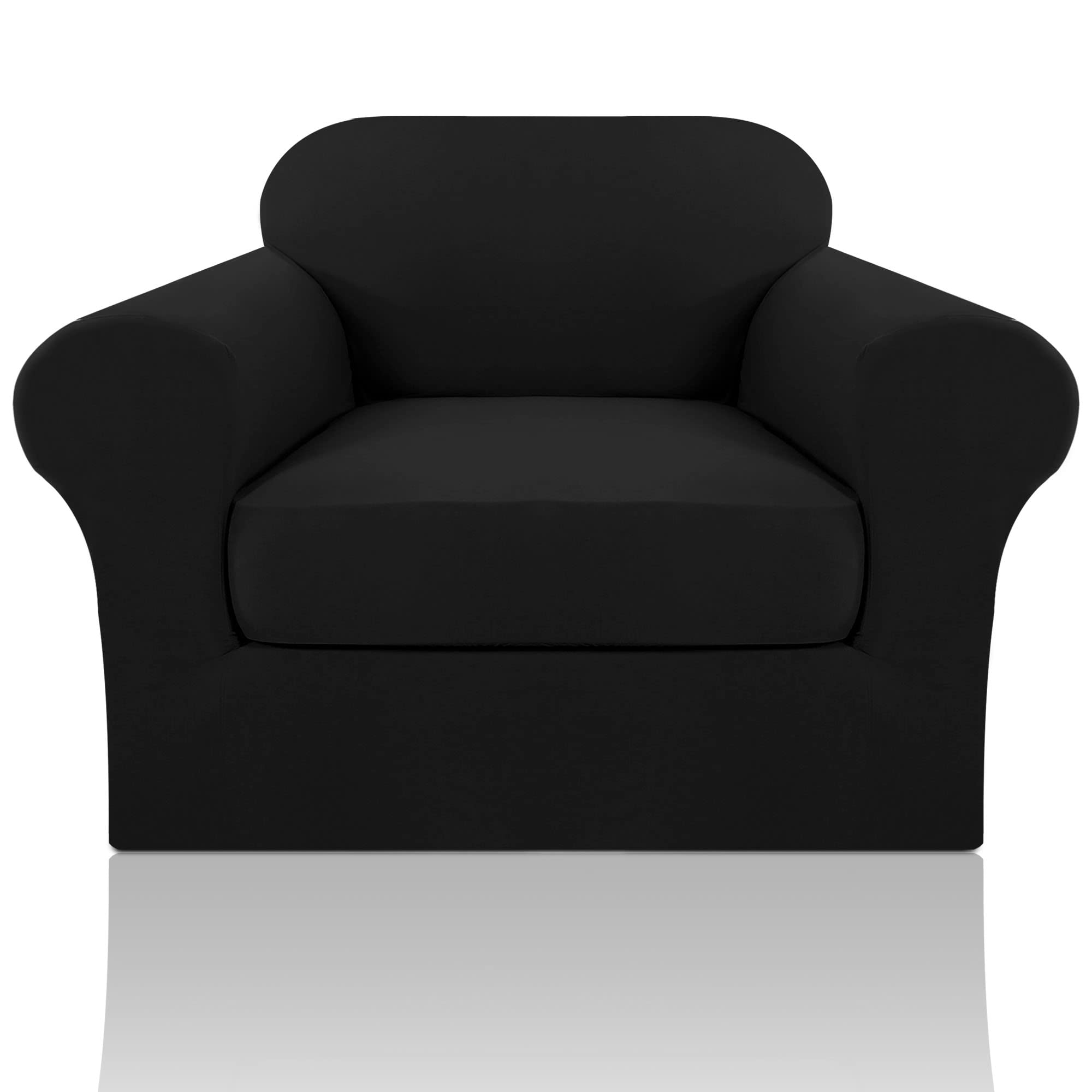 PrinceDeco 2-Piece Stretchable Slipcovers for Living Room Armchairs - Soft Furniture Protector with Elastic Bottom for Pets & Kids, Machine Washable, Black - Perfect for Sofa Protection, Home Decor Upgrade, and Pet-Friendly Households