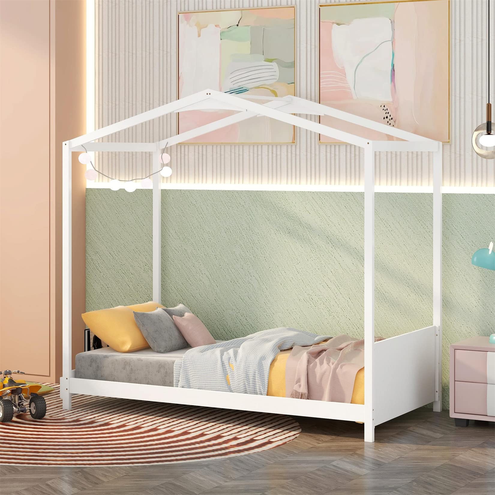 Montessori Twin House Bed Frame for Toddlers & Kids - Solid Wood Platform Bed with Headboard & Footboard - White - Perfect for Boys, Girls & Teens Bedrooms, Playrooms & Montessori Learning Spaces