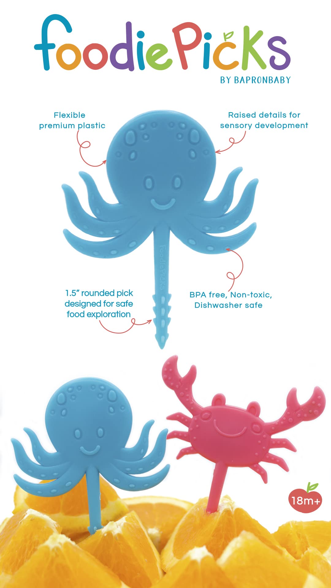 BapronBaby Sea Life Foodie Picks (2 Pack - Crab & Octopus) - BPA Free Toddler Utensils for Self Feeding - Dishwasher Safe Baby Spoons for 18+ Months - Perfect for Preschoolers & Early Learning Mealtime