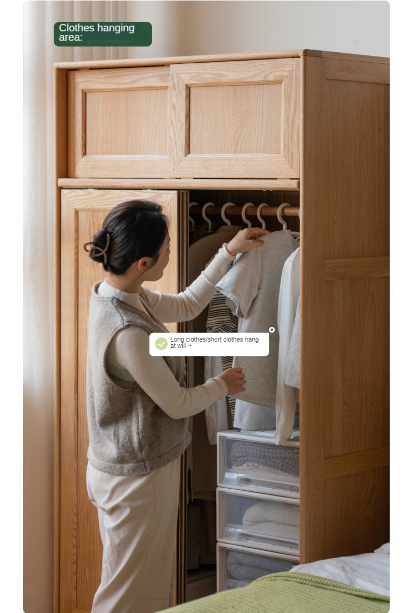 Solid Oak Wood Sliding Door Wardrobe Closet - Modern & Spacious Storage for Bedroom, Living Room, or Walk-In Closet