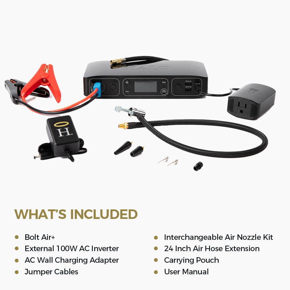 HALO Bolt Air+ Portable Car Jump Starter with Built-in Air Compressor, 58800mAh Power Bank with Digital Display for Phones & Tablets - Emergency Vehicle Battery Booster & AC Inverter for Road Trips & Outdoor Adventures