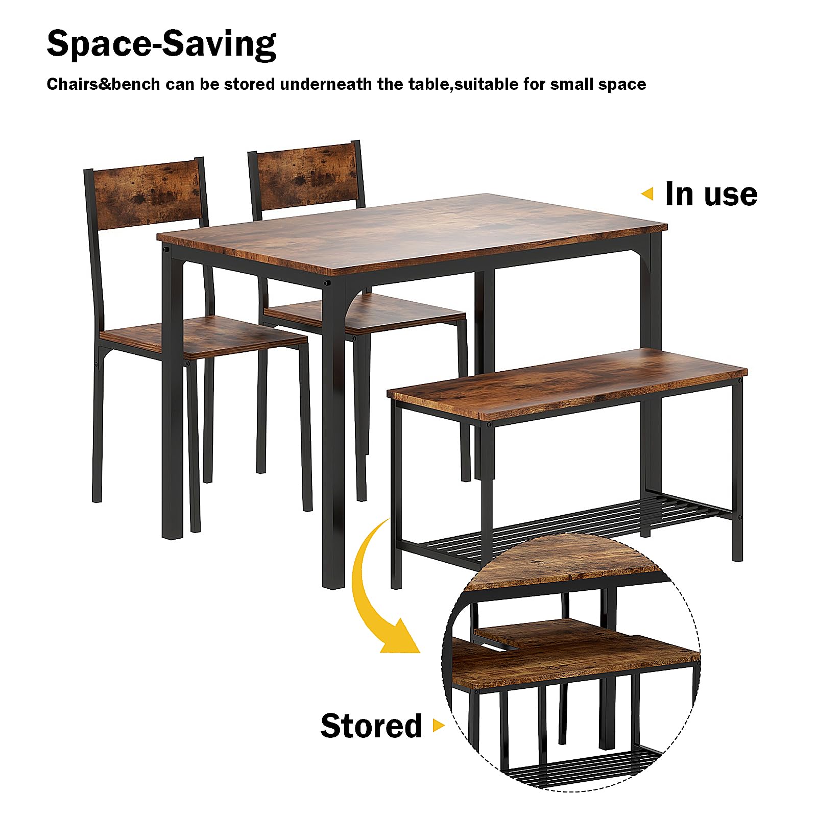 SogesPower 4-Piece Dining Table Set with 2 Chairs & 1 Bench - Rustic Brown Kitchen Table for Small Spaces | Perfect for Dining Room, Restaurant, Apartment & Compact Living Areas