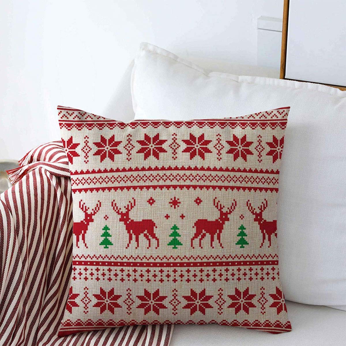 16x16 Inch Nordic Reindeer Christmas Throw Pillow Cover - Green Sweater Knit Norwegian Pattern Holiday Cushion Case for Winter Home Decor | Cozy Cotton Linen Fall Decor for Sofa, Bedroom & Living Room