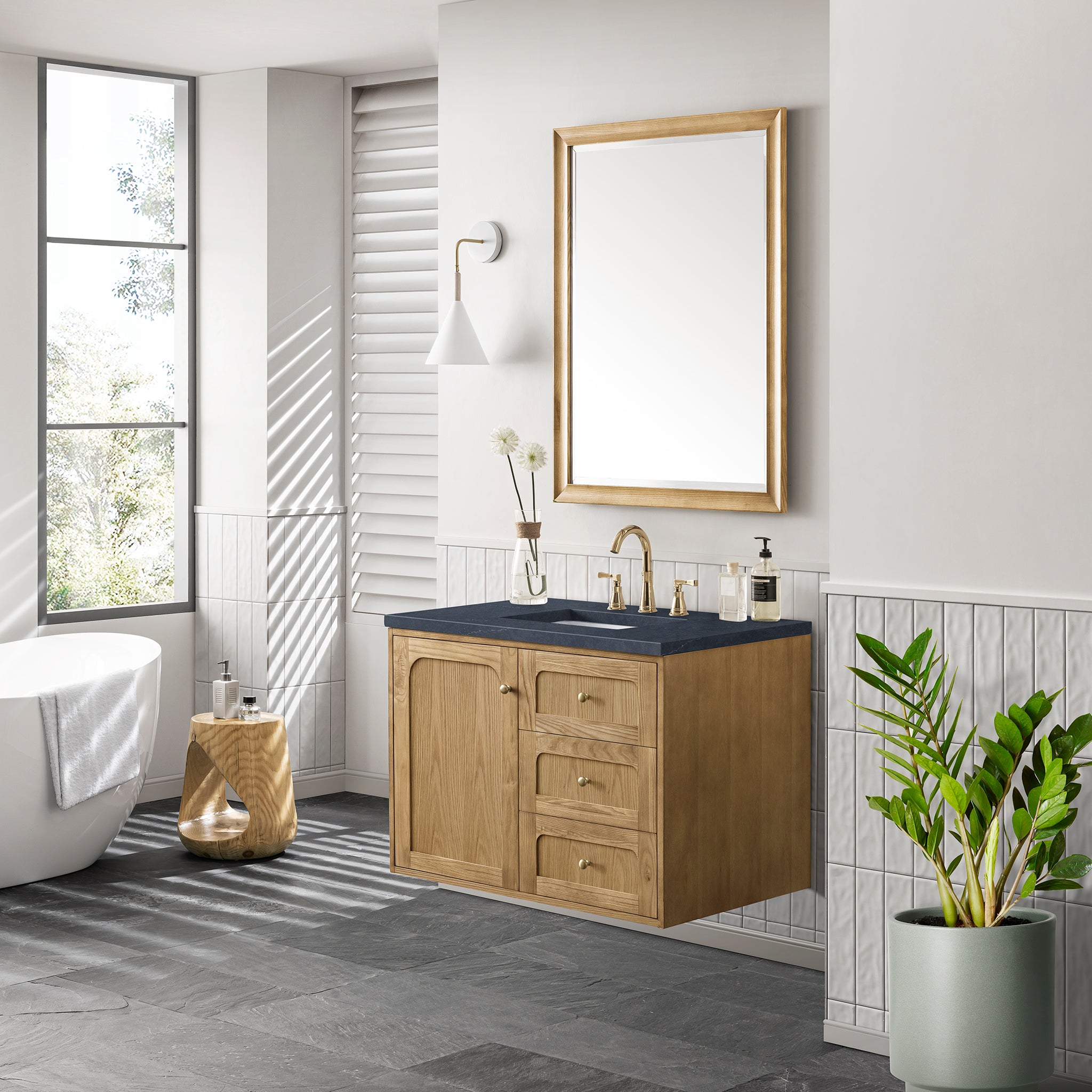 Laurent 36 Inch Single Bathroom Vanity with Light Natural Oak Finish & 3CM Charcoal Soapstone Top - Perfect for Modern Master Bathrooms and Powder Rooms