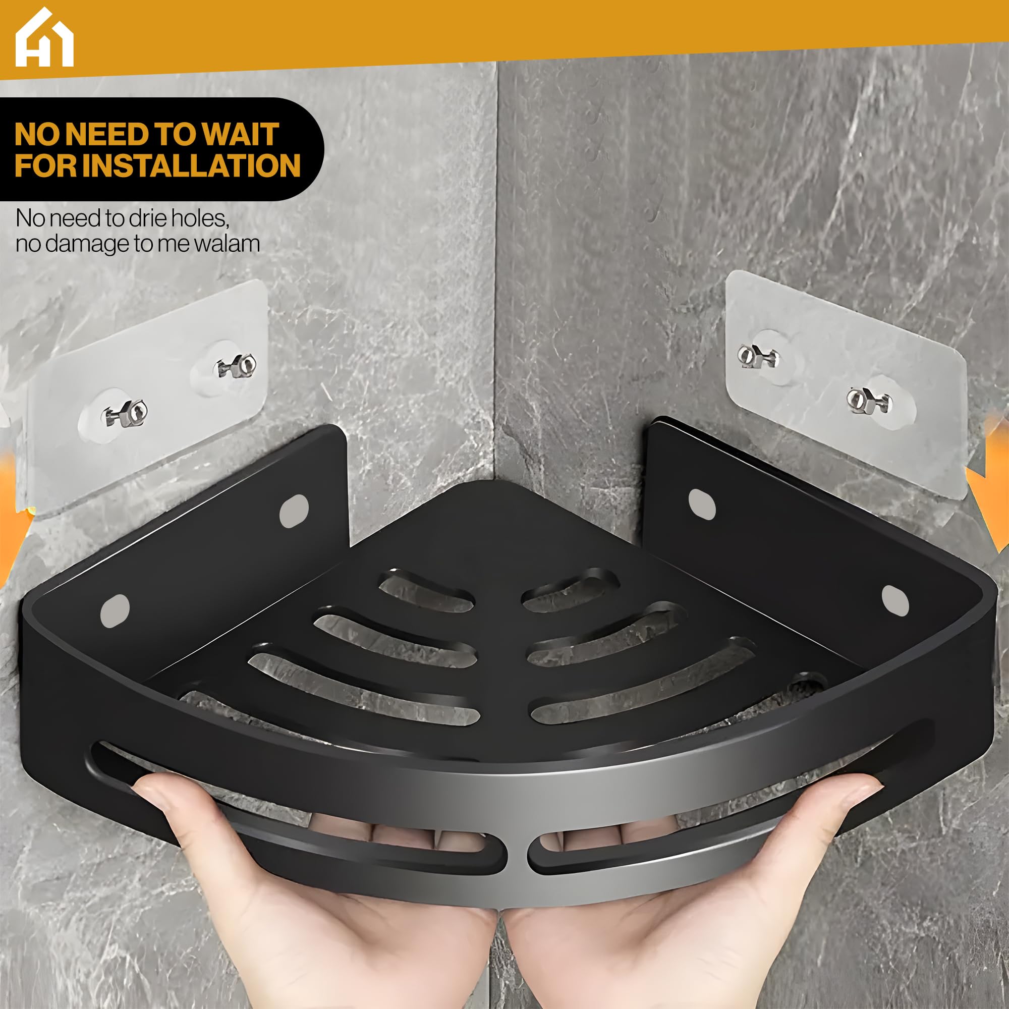 SHATROSSO® 2-Pack Black Aluminum Corner Shelf for Bathroom - No Drill Self-Adhesive Wall Mounted Bathroom Organizer - Perfect for Shower, Toilet, and Vanity Storage