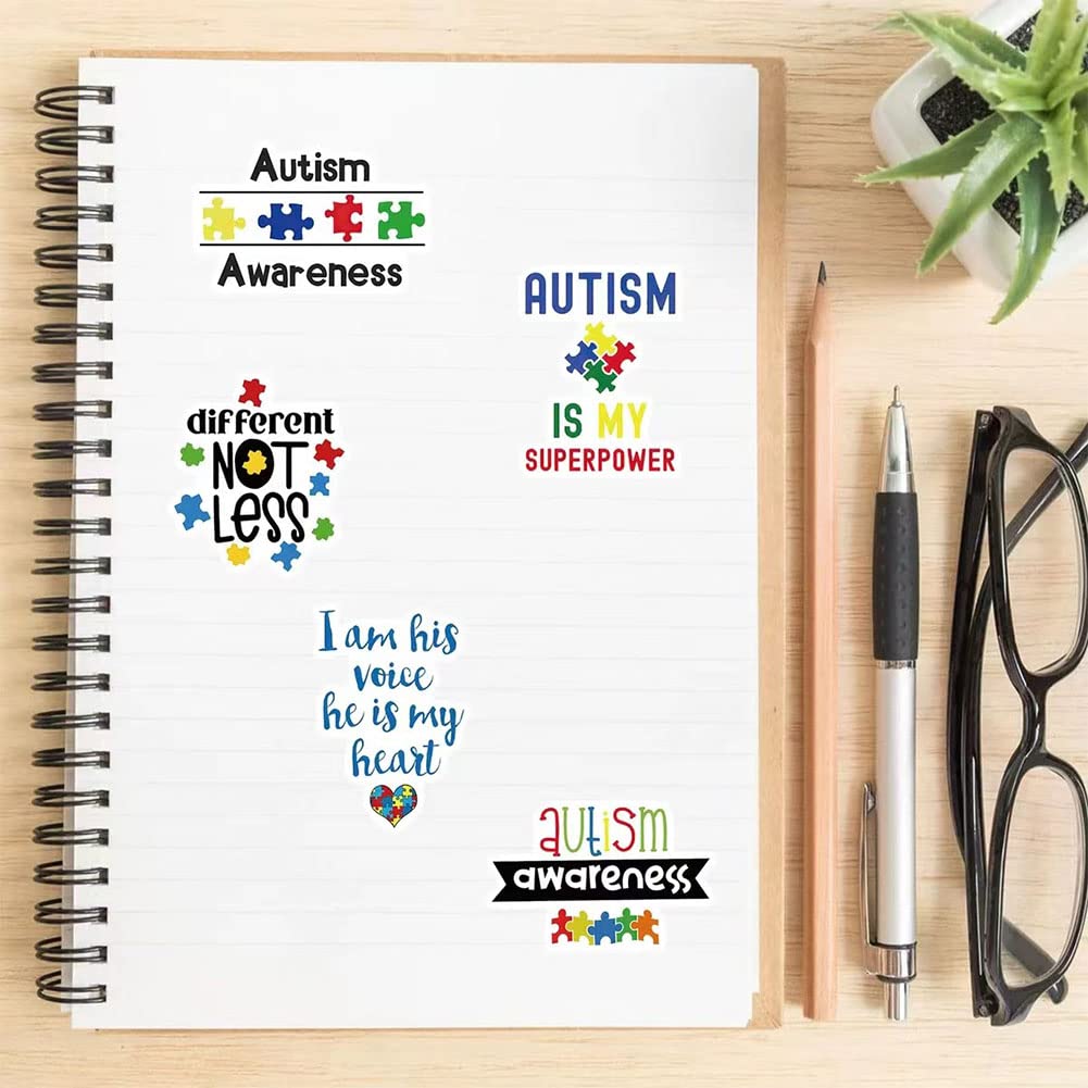 50 Pcs Autism Awareness Stickers - Waterproof Vinyl Decals for Water Bottles, Laptop, Luggage & More - Perfect for Autism Support, School, Office & Daily Use