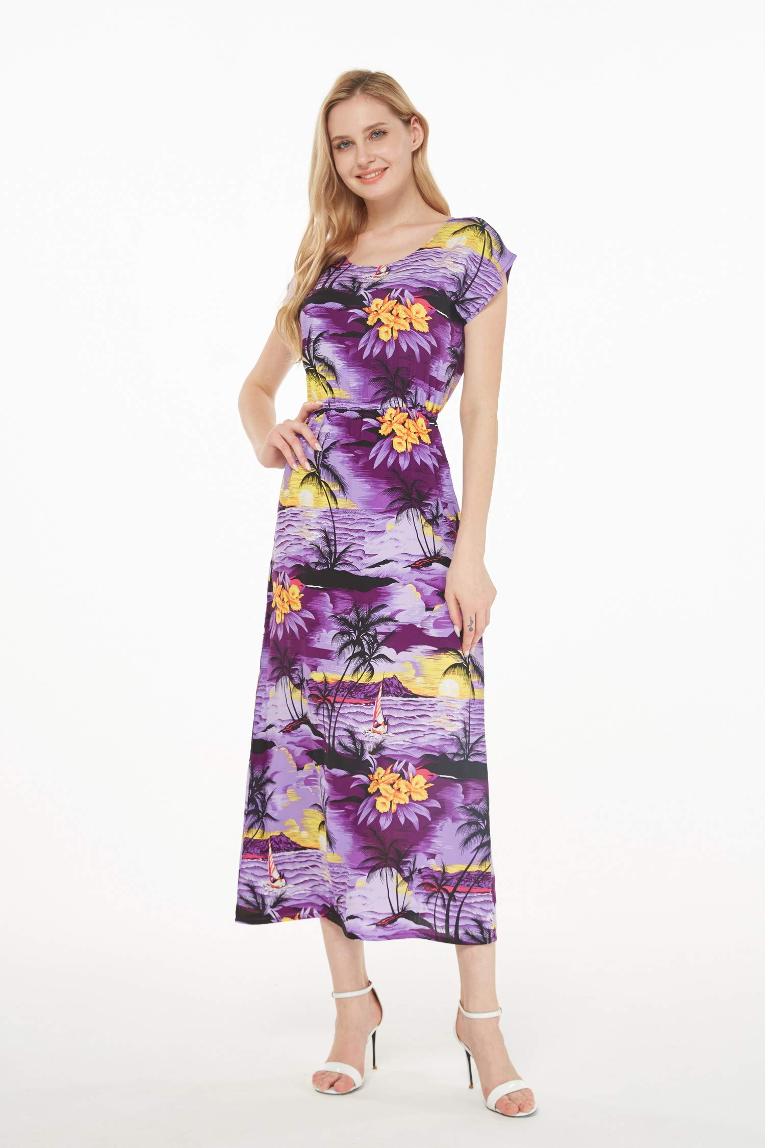 Women's Hawaiian Luau Cap Sleeve Maxi Dress - Floral Sunset Print Beach Party Dress for Summer Vacation, Tropical Getaway & Poolside Relaxation