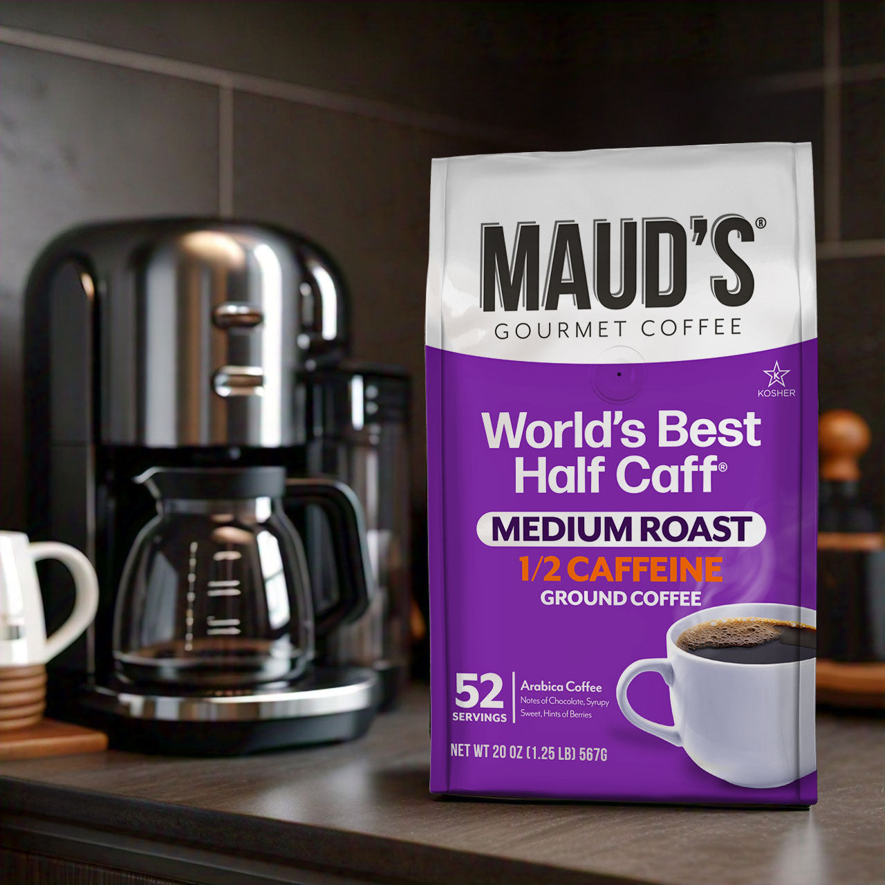 Maud's Half Caffeine Ground Coffee - Medium Roast Arabica Beans for Smooth Flavor | Perfect for Morning Brew & Afternoon Pick-Me-Up