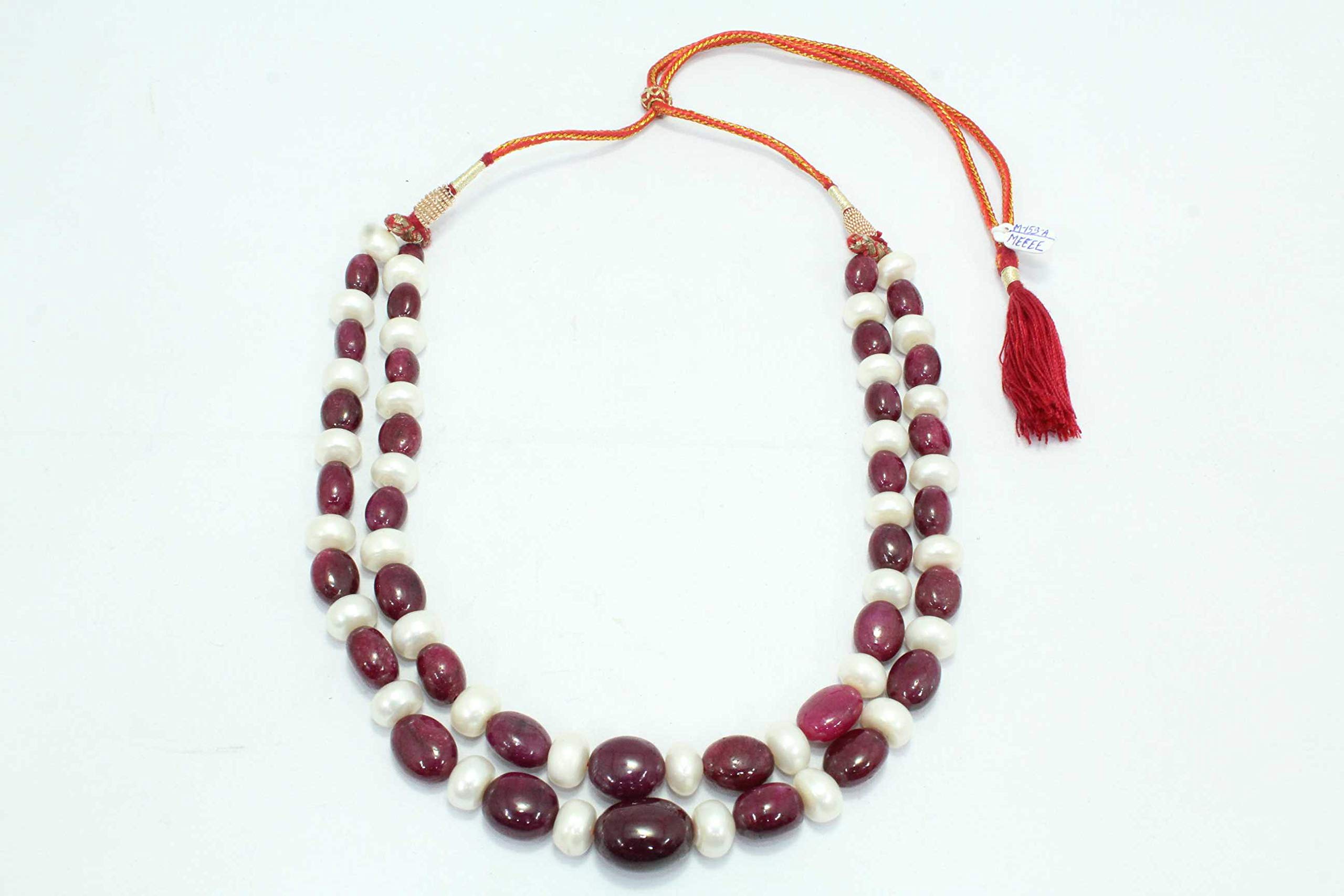 2-Line Red Ruby Beads & White Pearls Necklace Strand - Elegant Jewelry for Weddings, Parties, and Special Occasions