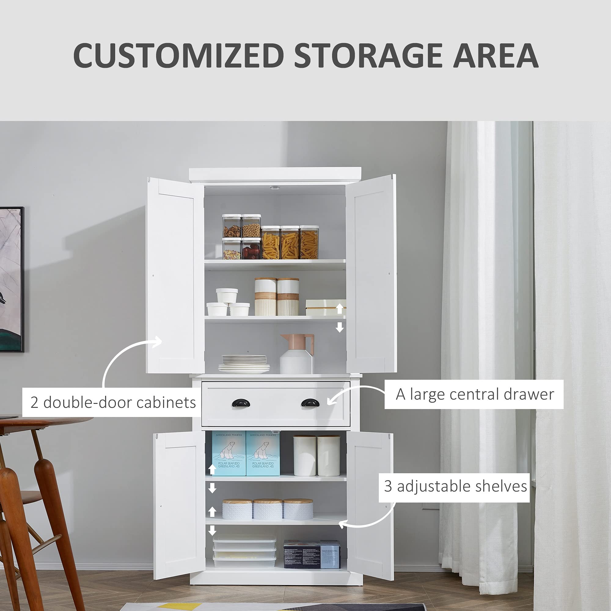 HOMCOM Freestanding Kitchen Cupboard - 72 Inch Tall Storage Cabinet with 4 Doors, Shelves & Drawer - White Colonial Style Pantry Organizer for Spices, Dishes & Kitchen Supplies - Perfect for Dining Room, Kitchen or Pantry Storage