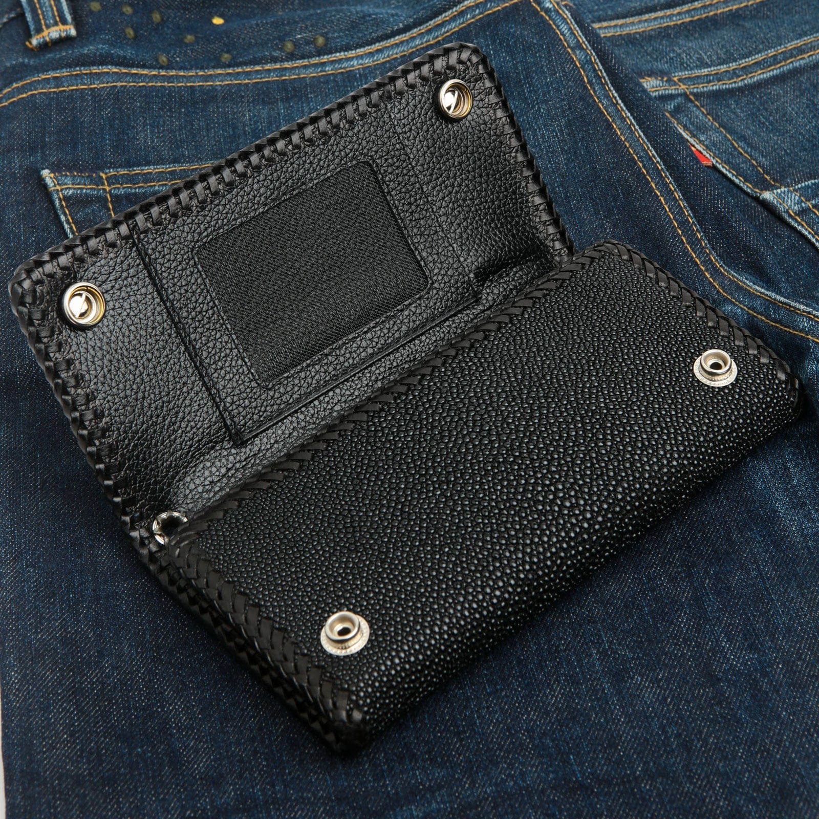 Premium Black Stingray Leather Trifold Wallet for Men - RFID Blocking Biker Wallet with Multiple Card Slots & ID Window - Perfect for Motorcycle Riders, Travel & Everyday Use