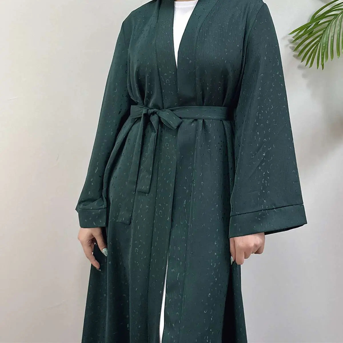 Elegant 3D Jacquard Satin Open Abaya Dress #25011 - Modest Muslim Women's Prayer Dress for Special Occasions & Daily Wear
