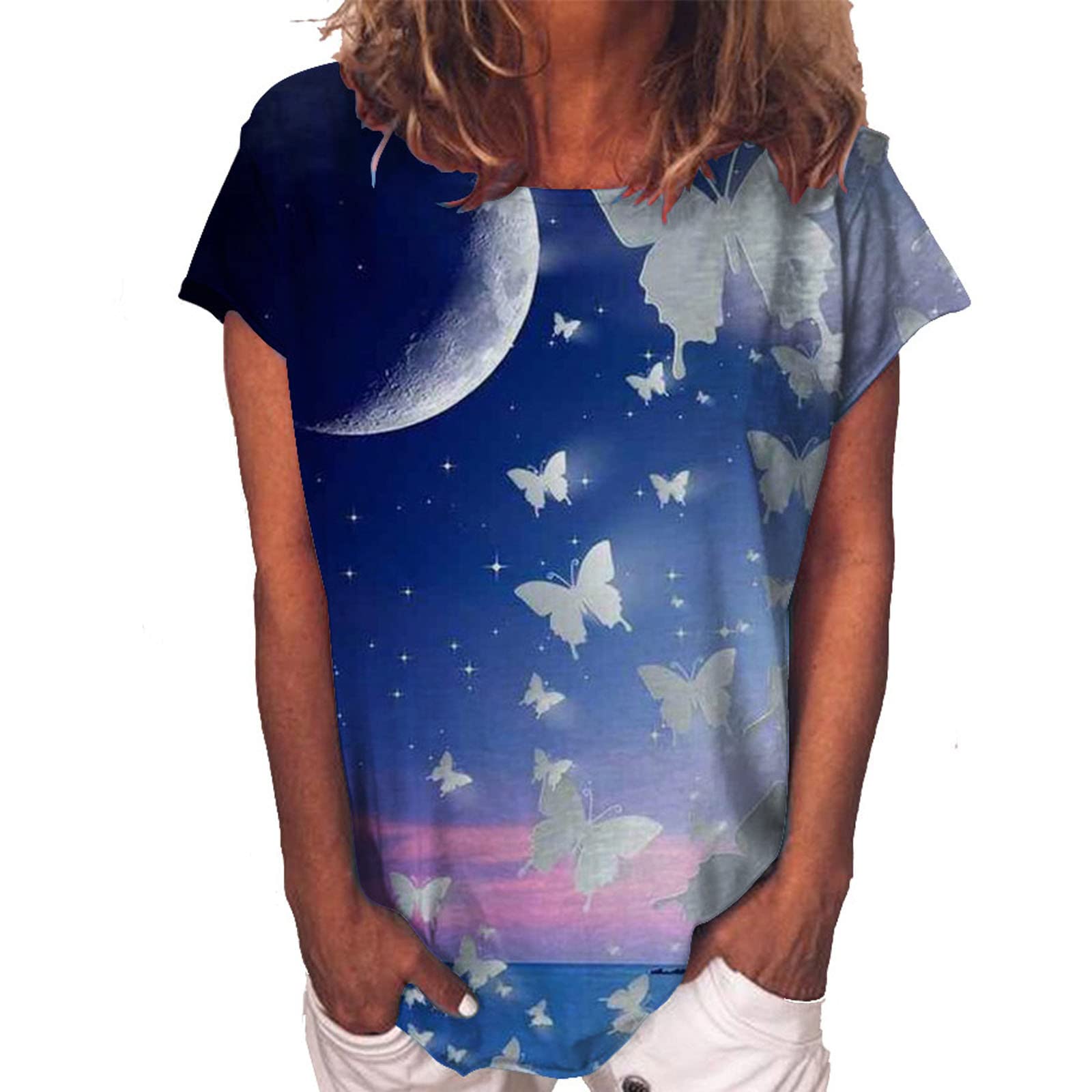 Women's Butterfly Print Crewneck Short Sleeve T-Shirt - Cute Loose Fit Casual Summer Top with Neon Colors - Perfect for Beach Outings, Music Festivals, and Everyday Wear
