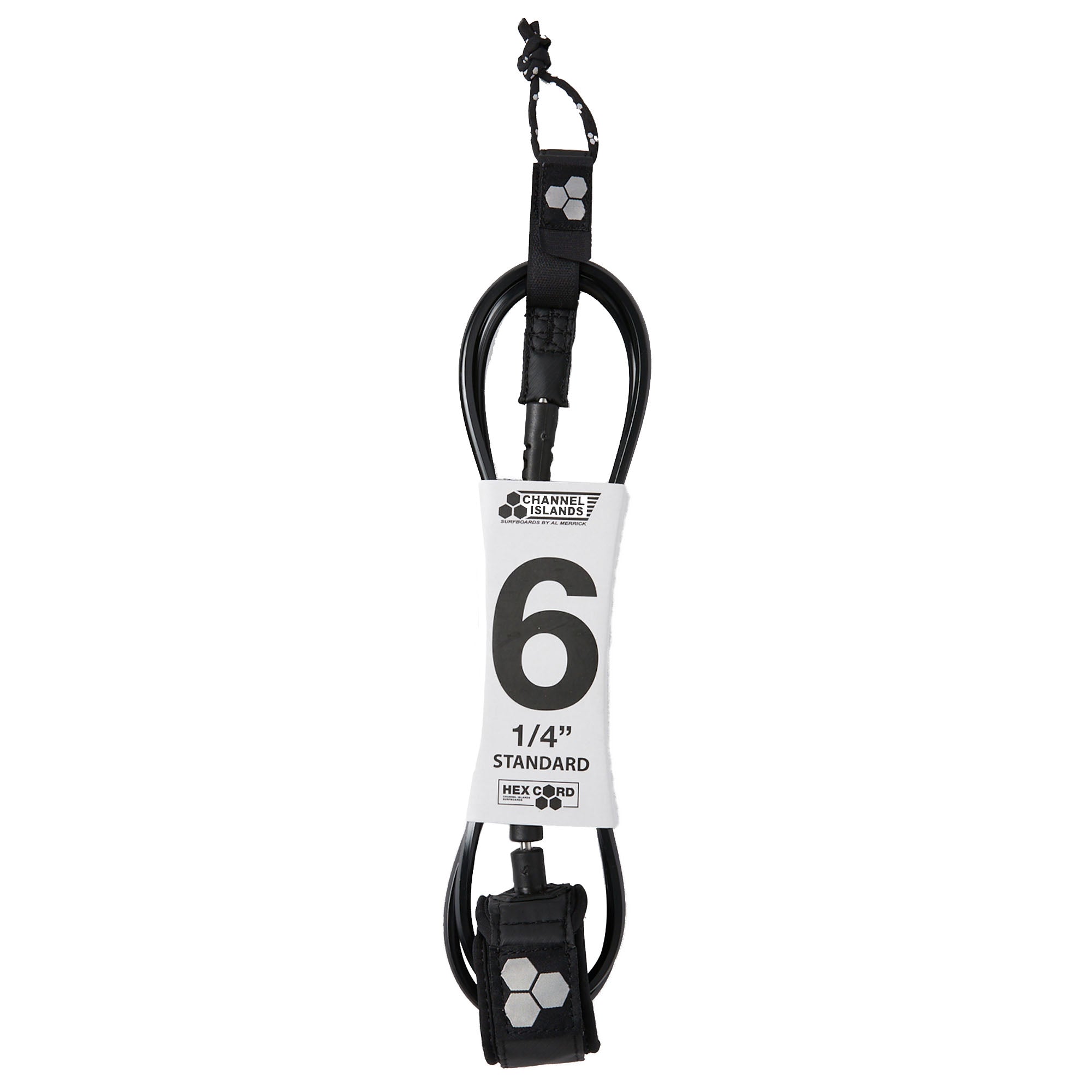 Channel Islands Hex Cord Standard Surfboard Leash 6 Feet x 1/4 Inch Black - Durable Surfing Safety Gear for Waves & Beach Sports