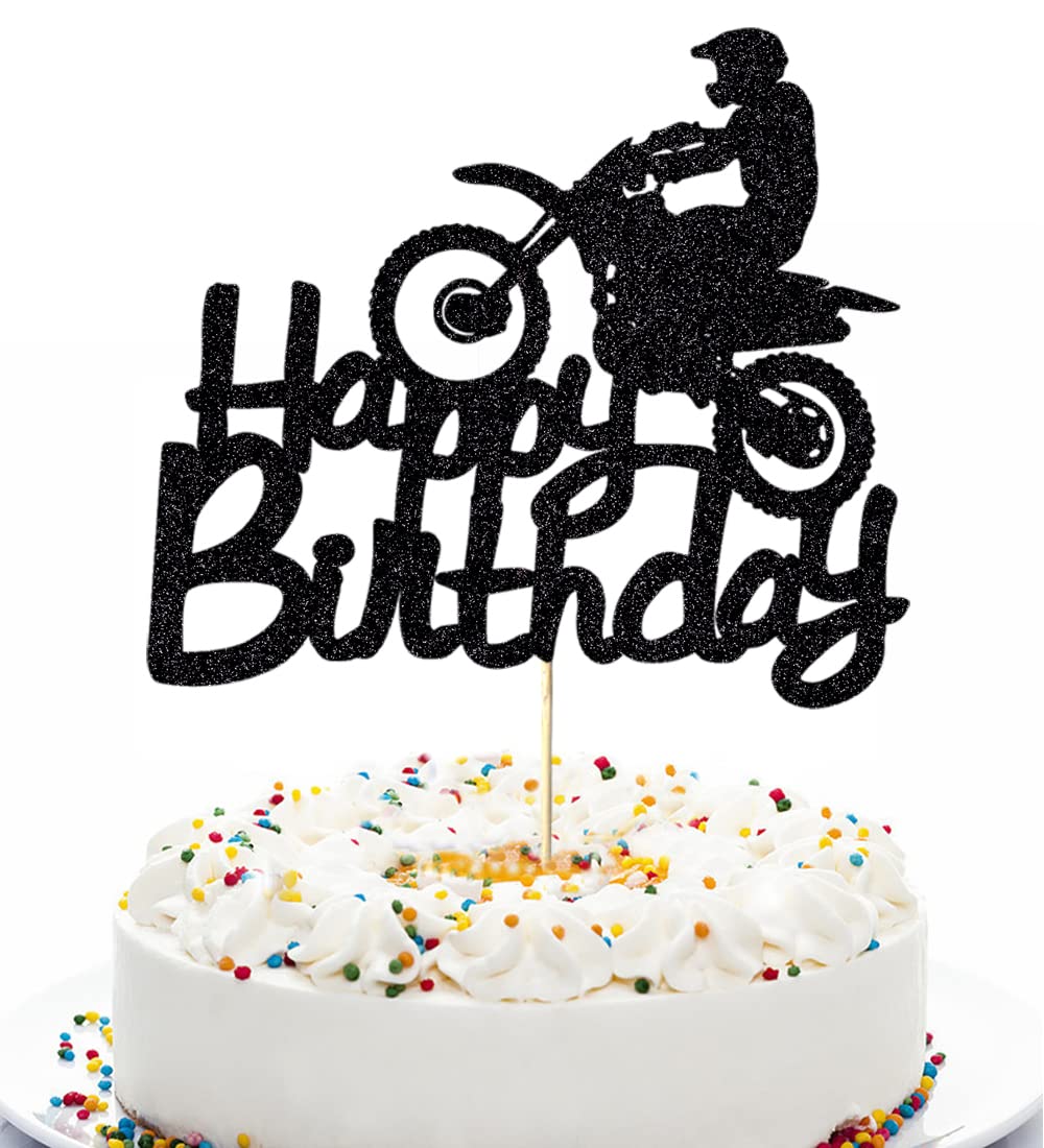 Qerleny Black Flash Happy Birthday Cake Topper - Motocross Sports Theme Party Decoration for Birthday Cakes | Perfect for Motorcycle Lovers & Biker Themed Celebrations
