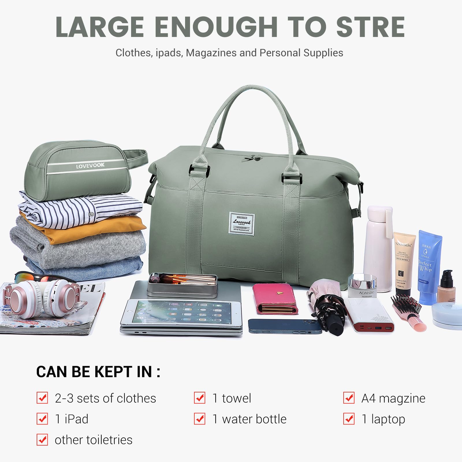 LOVEVOOK Women's Weekender Bag - Stylish Travel Tote, Gym Duffel & Overnight Carry On with Toiletry Pouch | Perfect for Weekend Getaways, Workouts & Hospital Visits