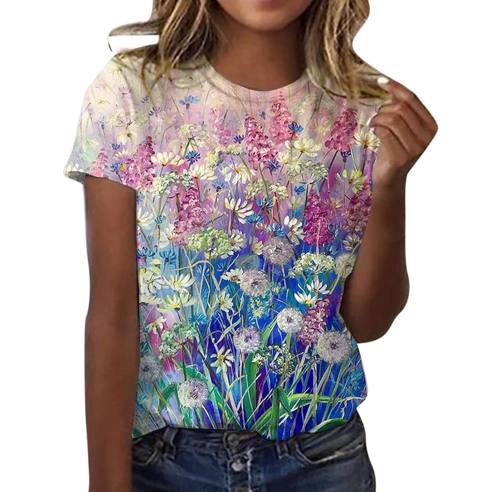Plus Size Women's Summer Tops - Flowy Chiffon Blouse with Print Design & O-Neck Short Sleeves | Cute Dressy T-Shirt for Casual Outings, Beach Vacations & Office Wear