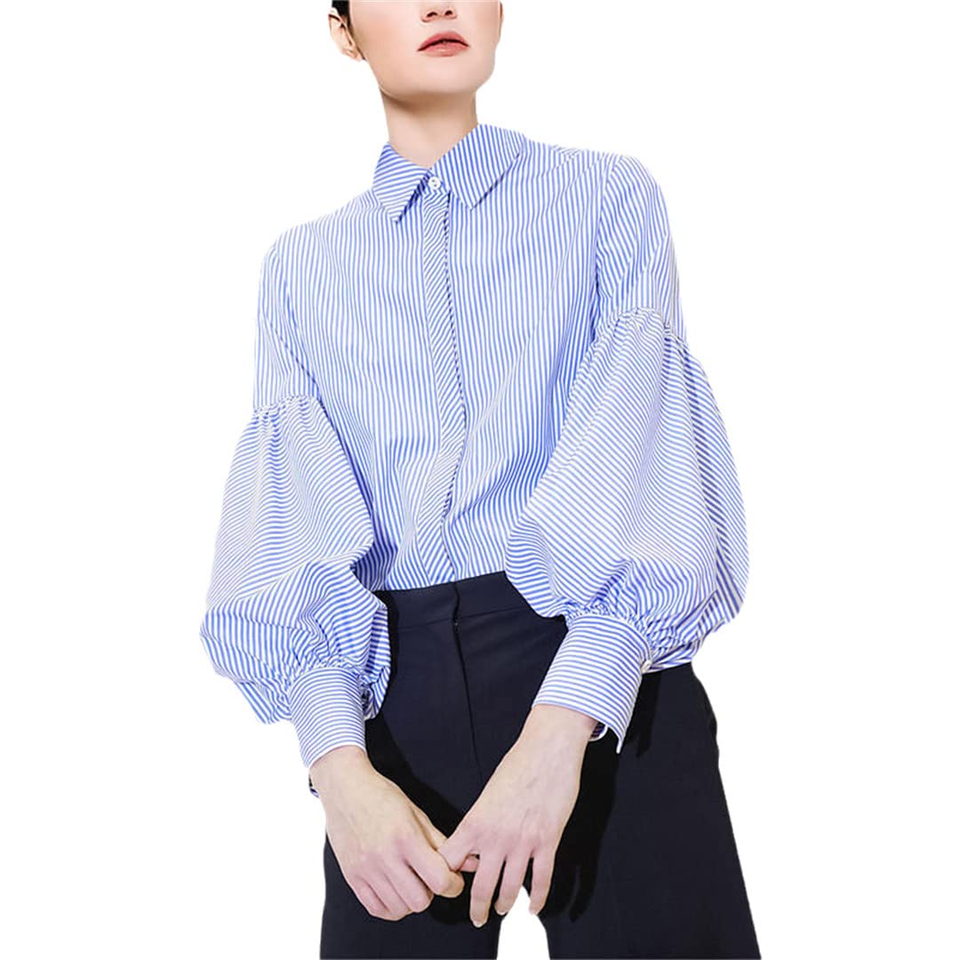 Women's Long Sleeve Button Down Stripe Shirt - Lantern Sleeve Casual Loose Blouse for Work & Office | Professional & Stylish Women's Tops for Business Casual, Date Night & Everyday Wear