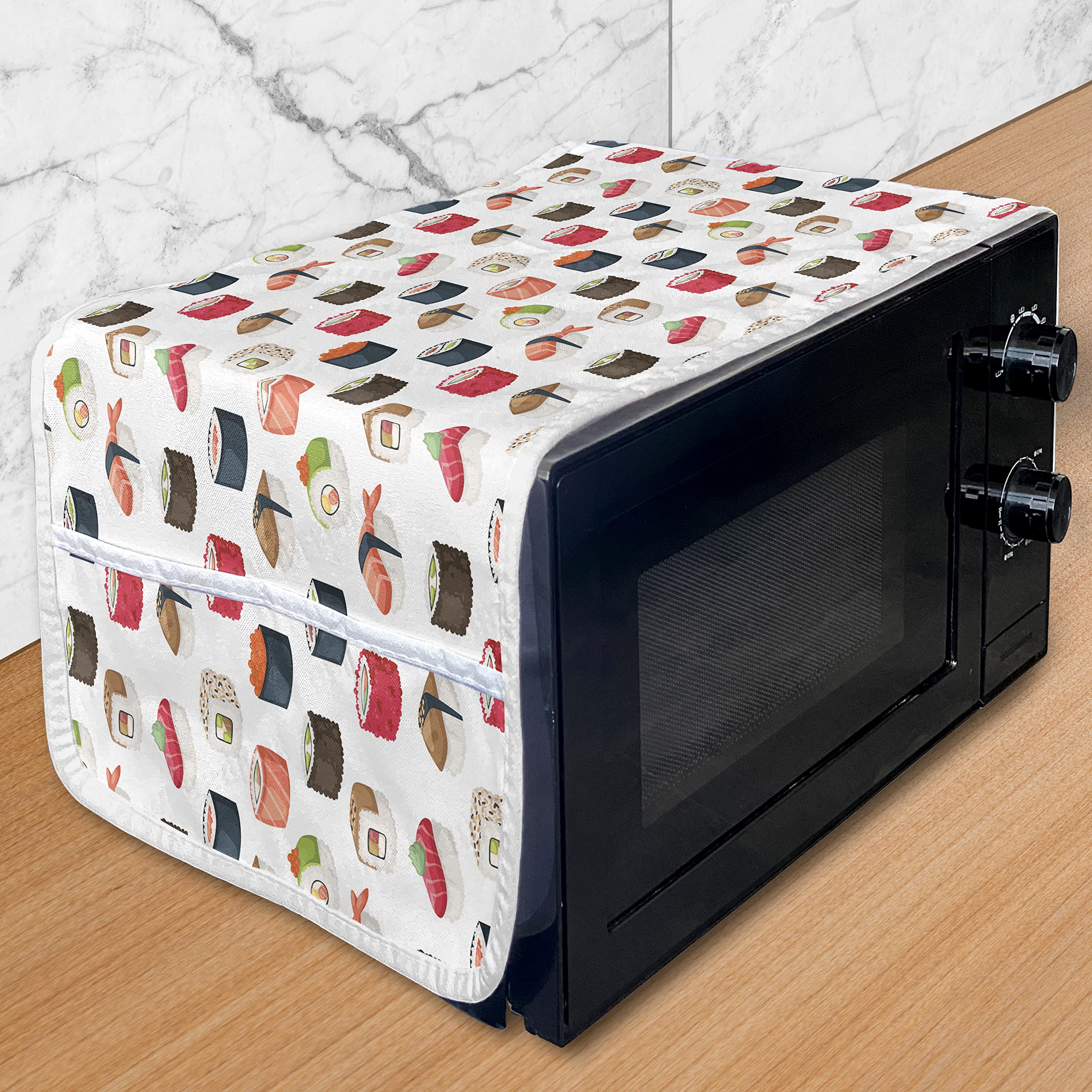 Ambesonne Sushi Microwave Cover - Waterproof Japanese Sushi Roll Design Kitchen Organizer with Pockets, 36