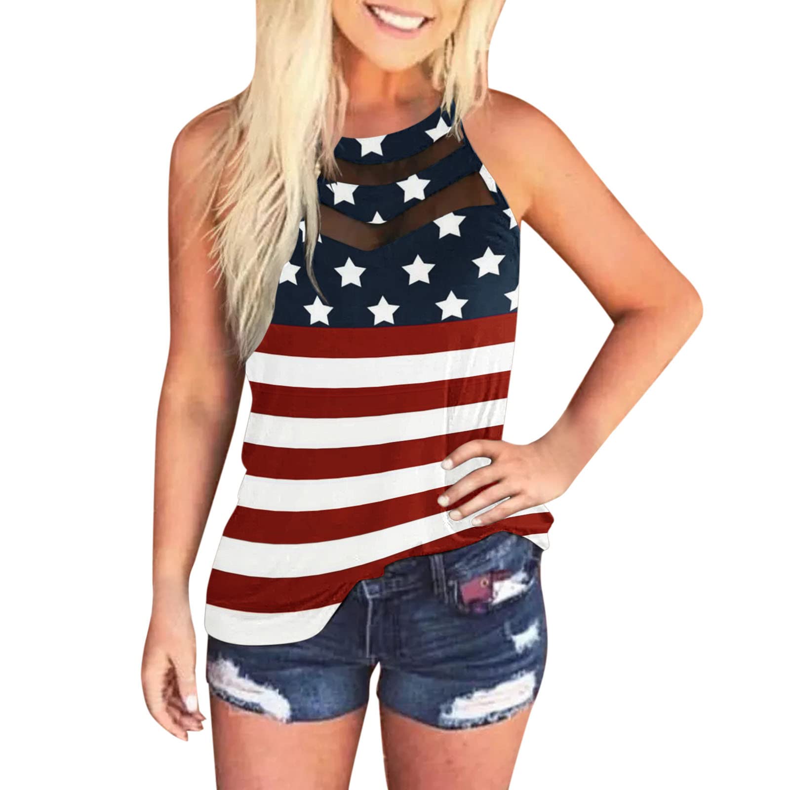 Women's Summer Casual American Flag Print Mesh Halter Round Neck Loose Blouse Tank Top - 100% Polyester Breathable T-Shirt for Beach, Party & Patriotic Events