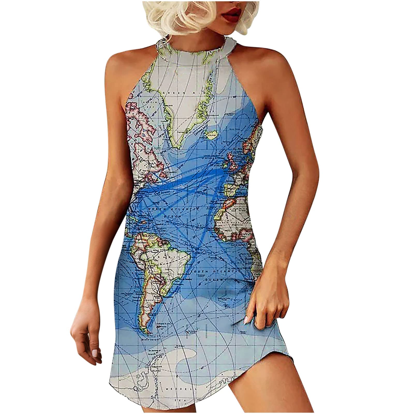 MIANHT Plus Size Summer Dress for Women - Halter Neck Casual Sleeveless Printed Dress with Buckle | Perfect for Beach Vacations, Pool Parties & Summer Outings