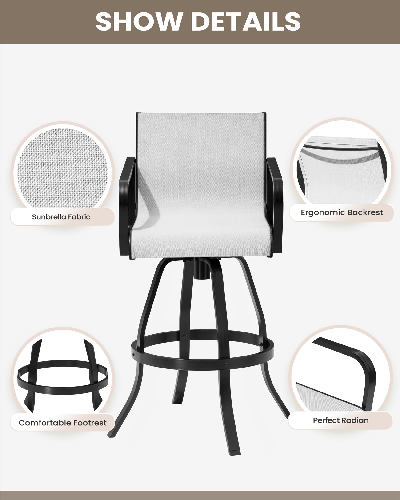 Pellebant Swivel Bar Stools Set of 4 - Indoor/Outdoor Bar Height Chairs with Sunbrella Fabric & Aluminum Frame - All-Weather Patio Furniture for Poolside, Garden, Backyard - Perfect for Outdoor Dining, Entertaining & Relaxation