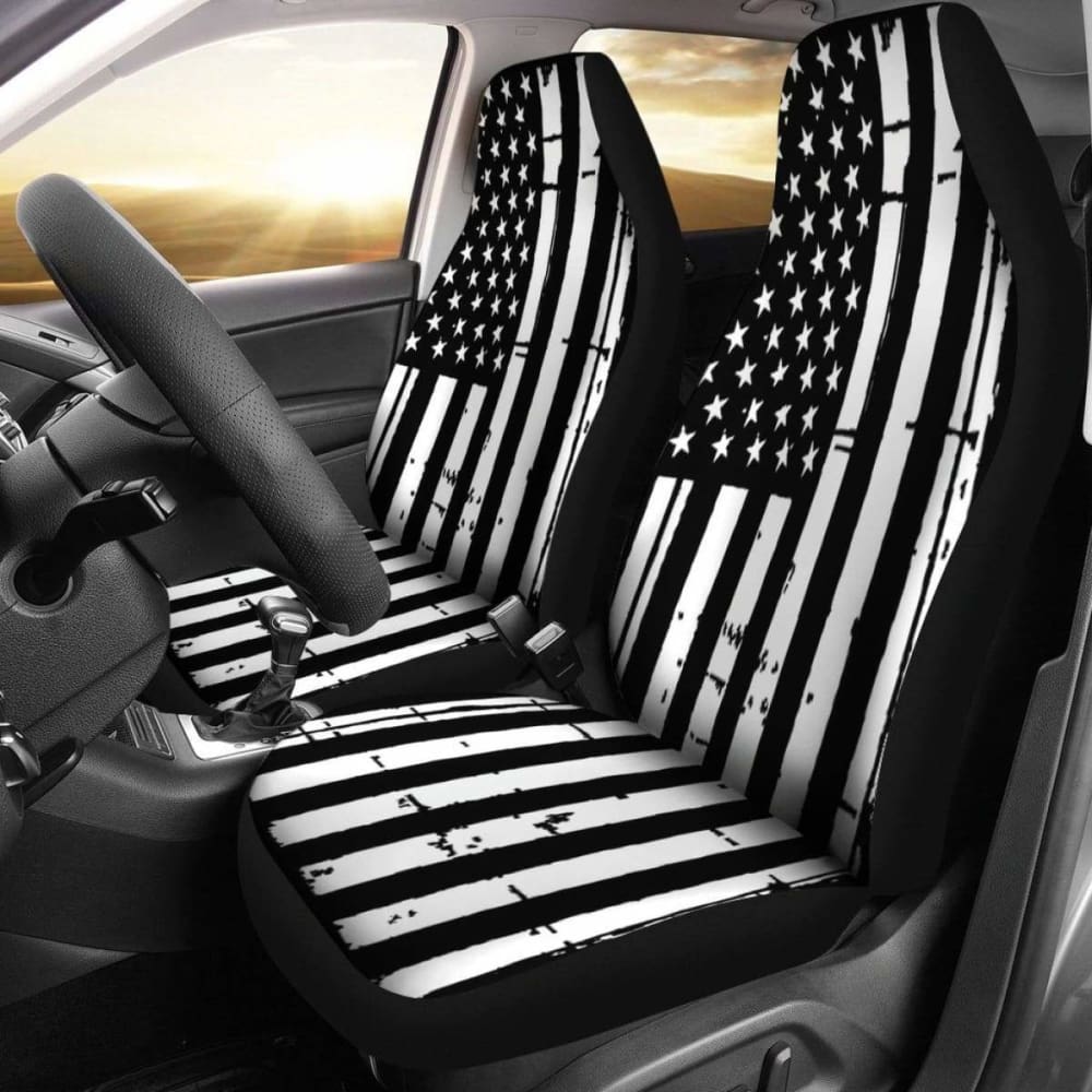 Premium Black and White Stars & Stripes Patriotic Car Seat Covers Set of 2 - Durable USA Flag Design for Trucks, SUVs, and Sedans - Perfect for 4th of July, Veterans Day, and Patriotic Events