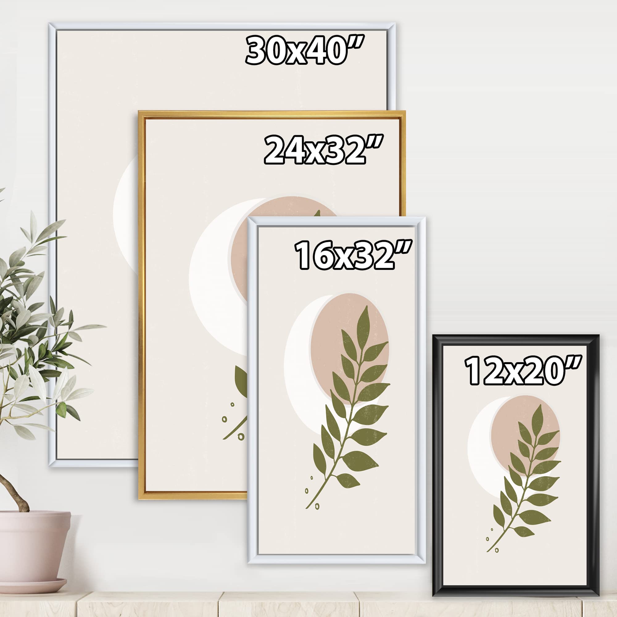 Abstract Geometrical Moon With Leaf IV - Modern Framed Canvas Wall Art Print for Living Room, Bedroom & Office Decor