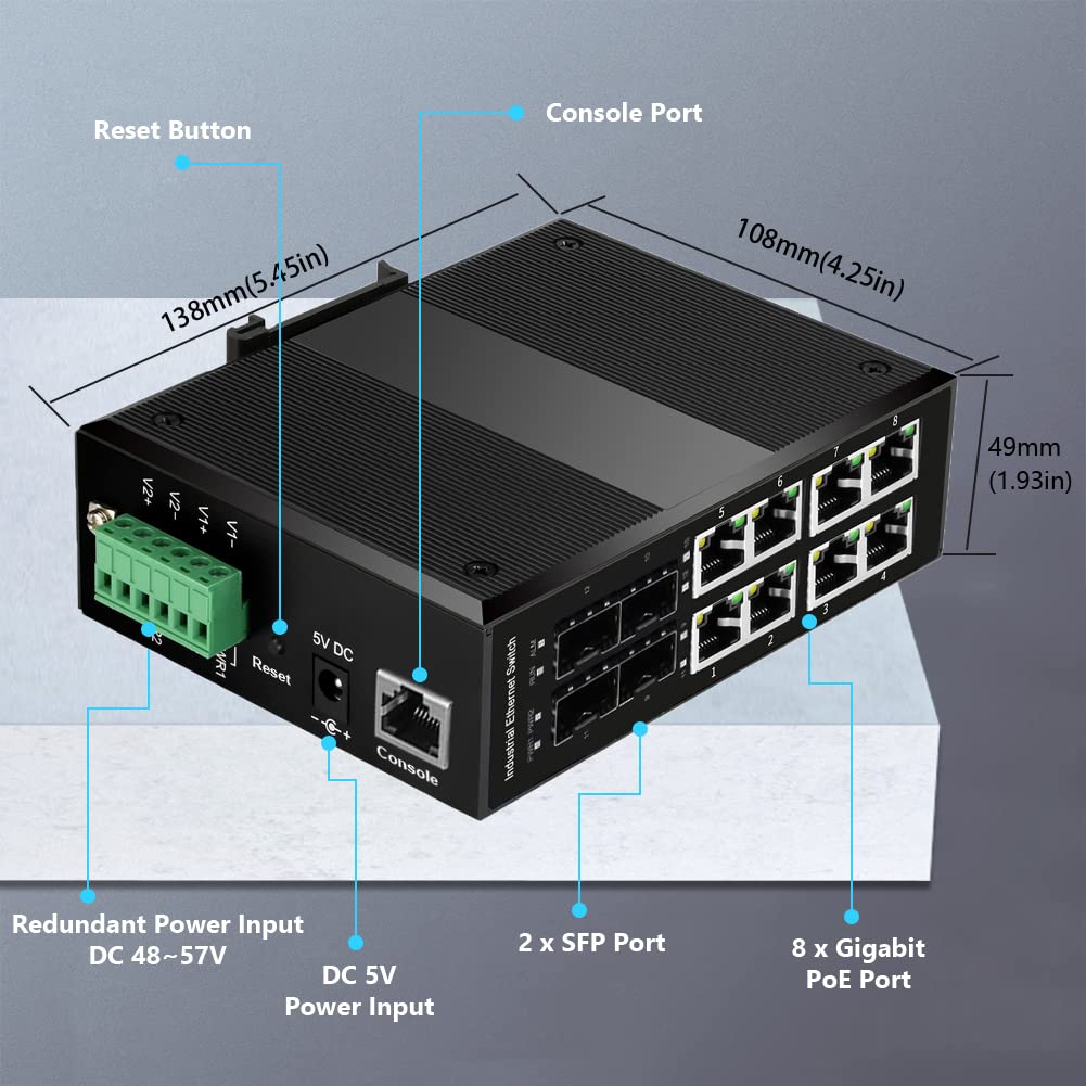 8-Port Industrial Gigabit Managed PoE Switch with 4 SFP Slots | 10/100/1000Mbps Web Management DIN Rail Network Switch | Supports Ring Network, VLAN, STP, LACP, QoS | Ideal for Factory Automation, Security Systems & Outdoor Networking
