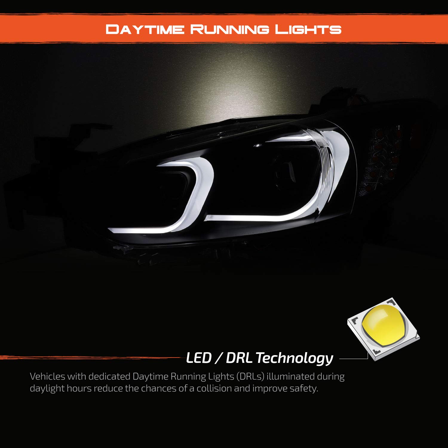 AKKON C-Shape LED DRL Light Tube Projector Headlights - Compatible with 2014-2017 Mazda 6, Black Housing - Upgrade Your Car's Style & Visibility for Night Driving & Foggy Conditions