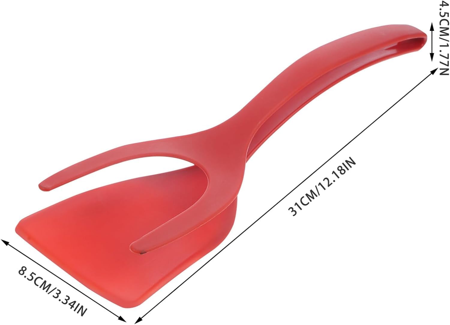 2-in-1 Silicone Non-Stick Kitchen Spatula Tongs - Perfect for Flipping Pancakes, Eggs, Fish & French Toast - Red Cooking Utensil for Home & Restaurant Use
