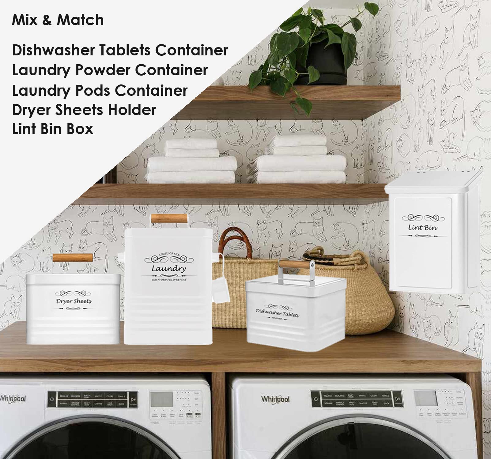 ELITAPRO Farmhouse Style Metal Dishwasher Pods Container with Lid - Rustic Kitchen Organizer for Cascade, Finish & All Dishwasher Tablets - Perfect for Countertop Storage & Kitchen Decor Accessories (White) - Ideal for Small Spaces, Apartments & Farmhouse Style Kitchens
