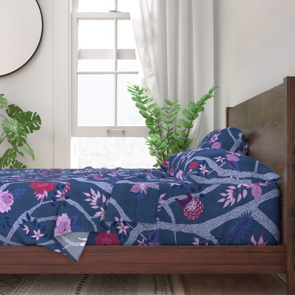 Premium 100% Cotton Twin 3-Piece Sheet Set | Peony Branch Plum Chinoiserie Floral Botanical Print | Chinese Style Purple Bedding | Soft & Breathable for Comfortable Sleep | Perfect for Guest Rooms, Dorms & Cozy Bedrooms