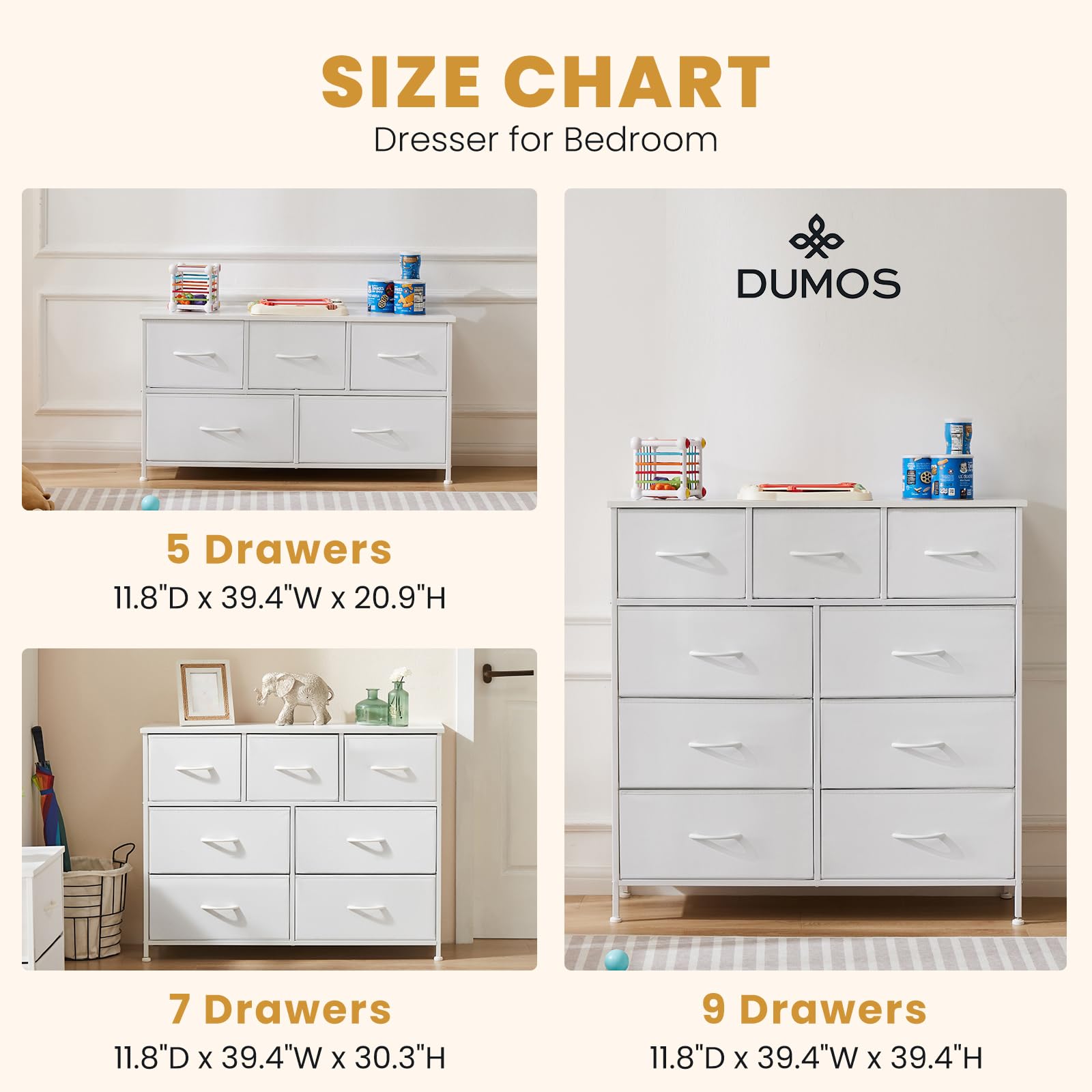 DUMOS 5-Drawer Dresser for Bedroom - Wooden Top Storage Organizer with Fabric Bins & Metal Frame - Nursery, Living Room, Kids Room, Closet Furniture - Perfect for Home Organization & TV Stand (Brown)