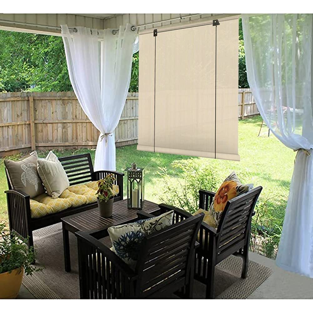 Gzhenh Outdoor Roll Up Shades - Breathable Windproof Privacy Screen Awnings for Deck, Backyard & Patio - Light-Transmitting Shade Cloth Roller Blind - 45 Size Options (Beige, 110x210cm) - Perfect for Sun Protection, Outdoor Relaxation & Privacy