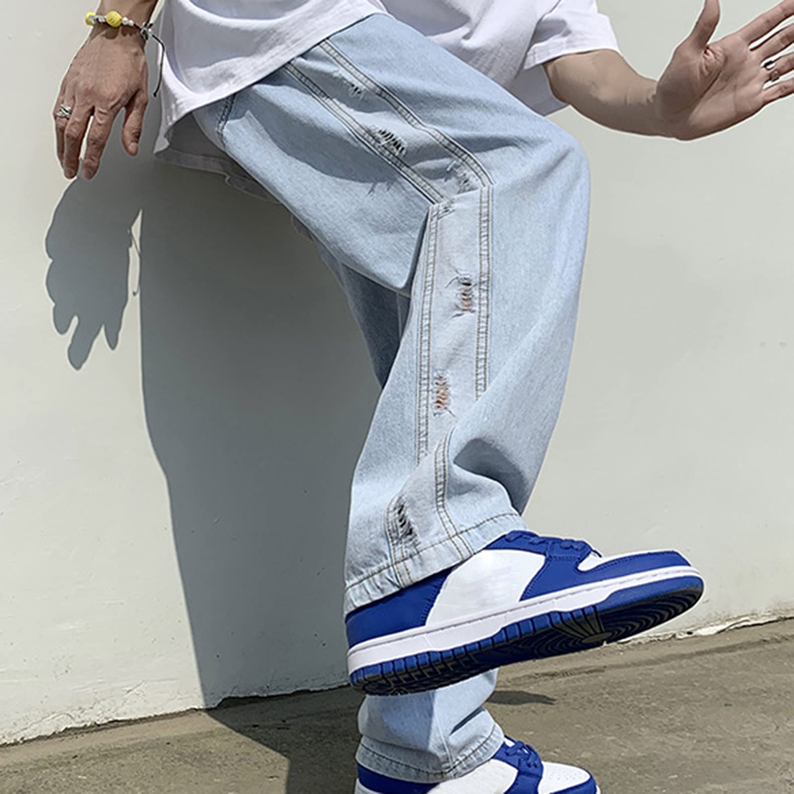 Men's Loose Fit Wide Leg Jeans - Plus Size Light Blue Denim Pants for Street Fashion | Casual Wear & Everyday Comfort