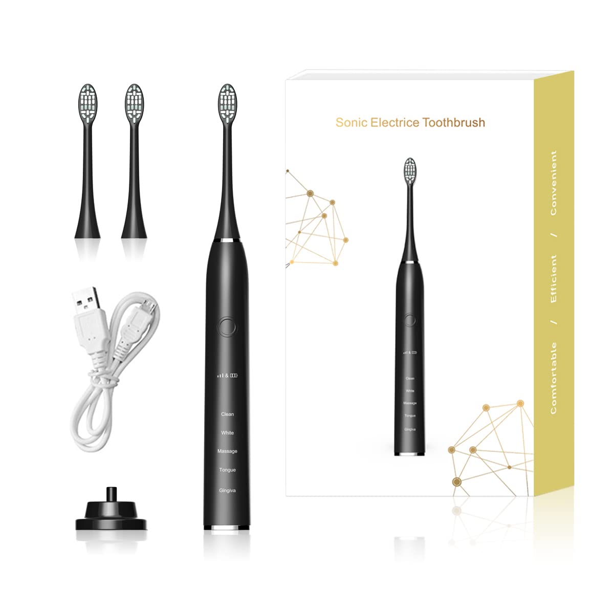 HobbyTeloon Sonic Electric Toothbrush for Adults - Rechargeable with Wireless Fast Charging, 15 Cleaning Modes & 2-Minute Smart Timer, Includes Replacement Brush Heads (Black) - Perfect for Travel, Home & Daily Oral Care