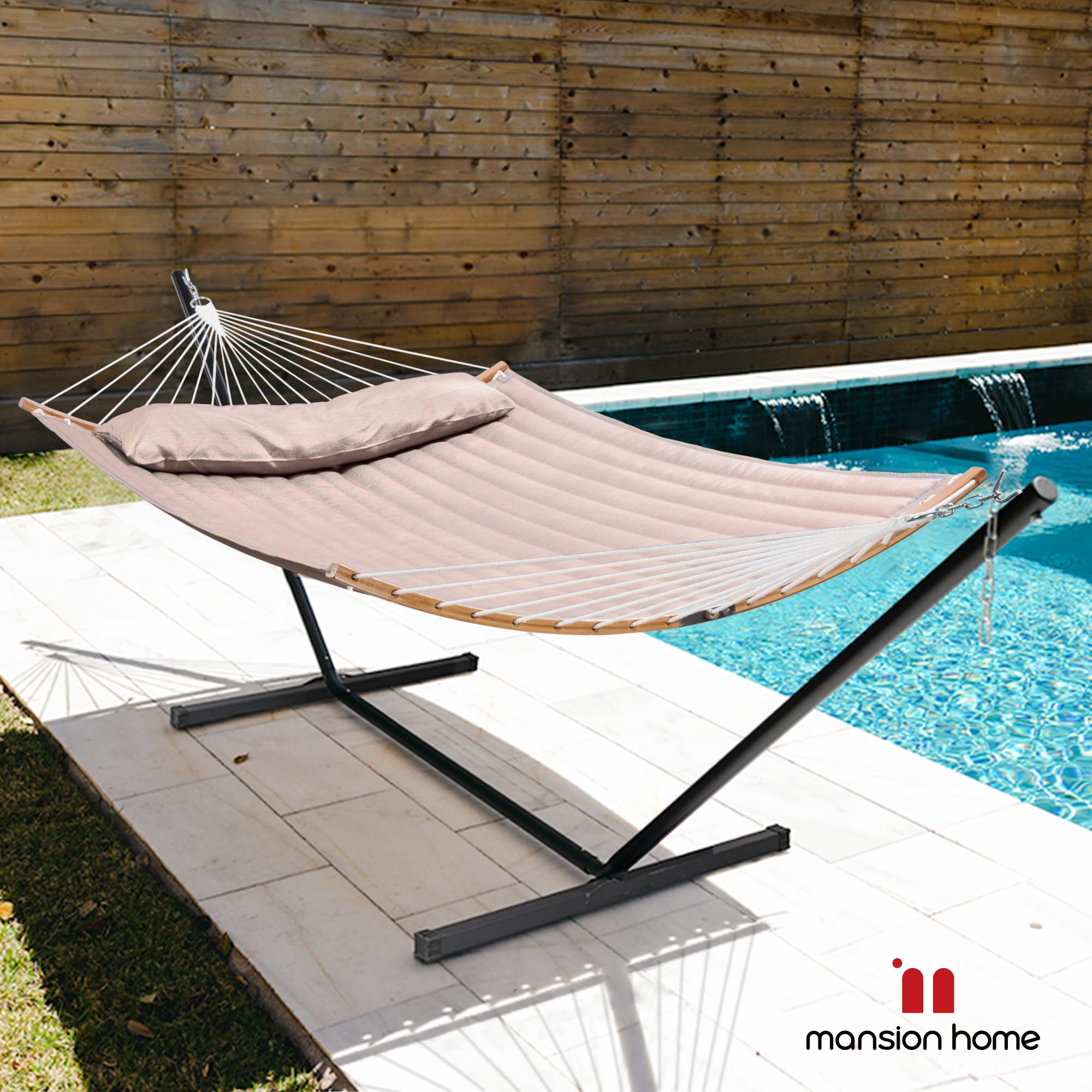 Double Hammock with 12 FT Stand - 2 Person Heavy Duty 450lbs Capacity Curved Bar Hammock Set Includes Pillow & Carrying Bag (Tan) - Perfect for Backyard, Patio, Camping & Outdoor Relaxation