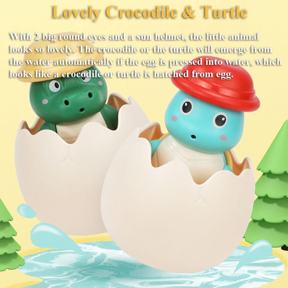 Hatching Egg Bath Toy - Floating Turtle & Crocodile Shower Head Water Spray Toy for Toddlers | Fun Bathtime Splashing & Sensory Play (Crocodile-Yellow Helmet) - Perfect for Baby Bath Time, Pool Parties & Early Learning Water Activities