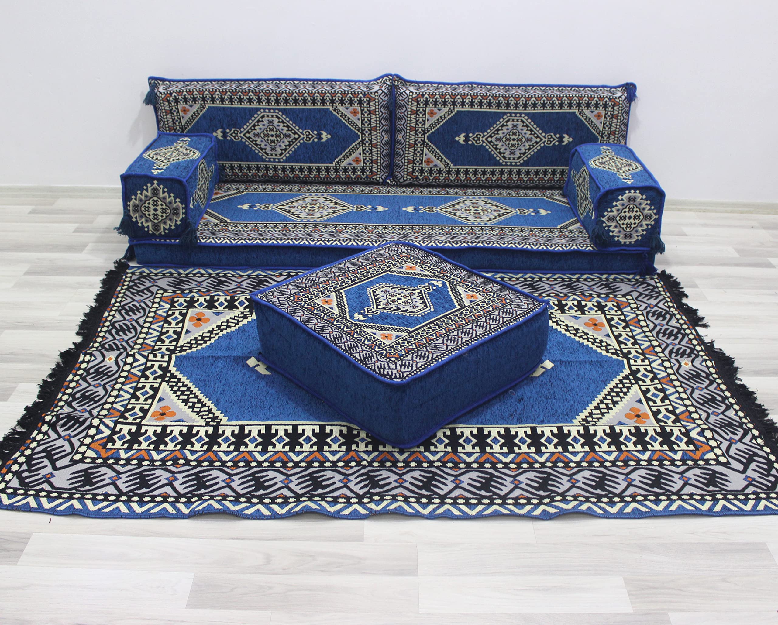 Luxury Arabic Sofa Set with Floor Cushions & Ottoman - Moroccan Majlis Living Room Furniture for Home Decor (Sofa + Rug + Pillows) - Perfect for Family Gatherings & Cultural Events