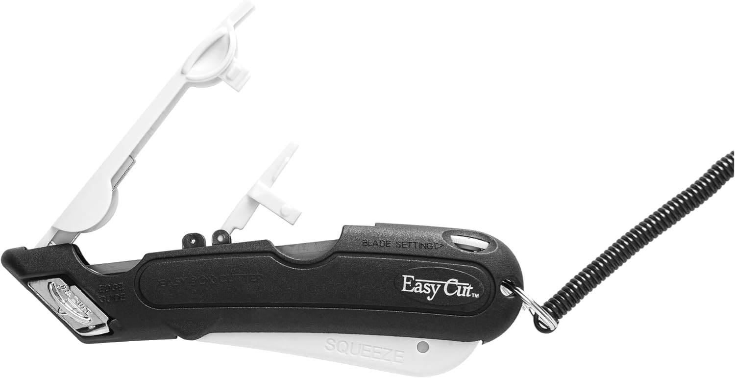 Professional Box Cutter with 3 Adjustable Blade Depths, Squeeze Trigger & Edge Guides - Includes Holster, Lanyard & Extra Blades (1000 White STD) - Perfect for Warehouse, Shipping, Packaging & DIY Projects