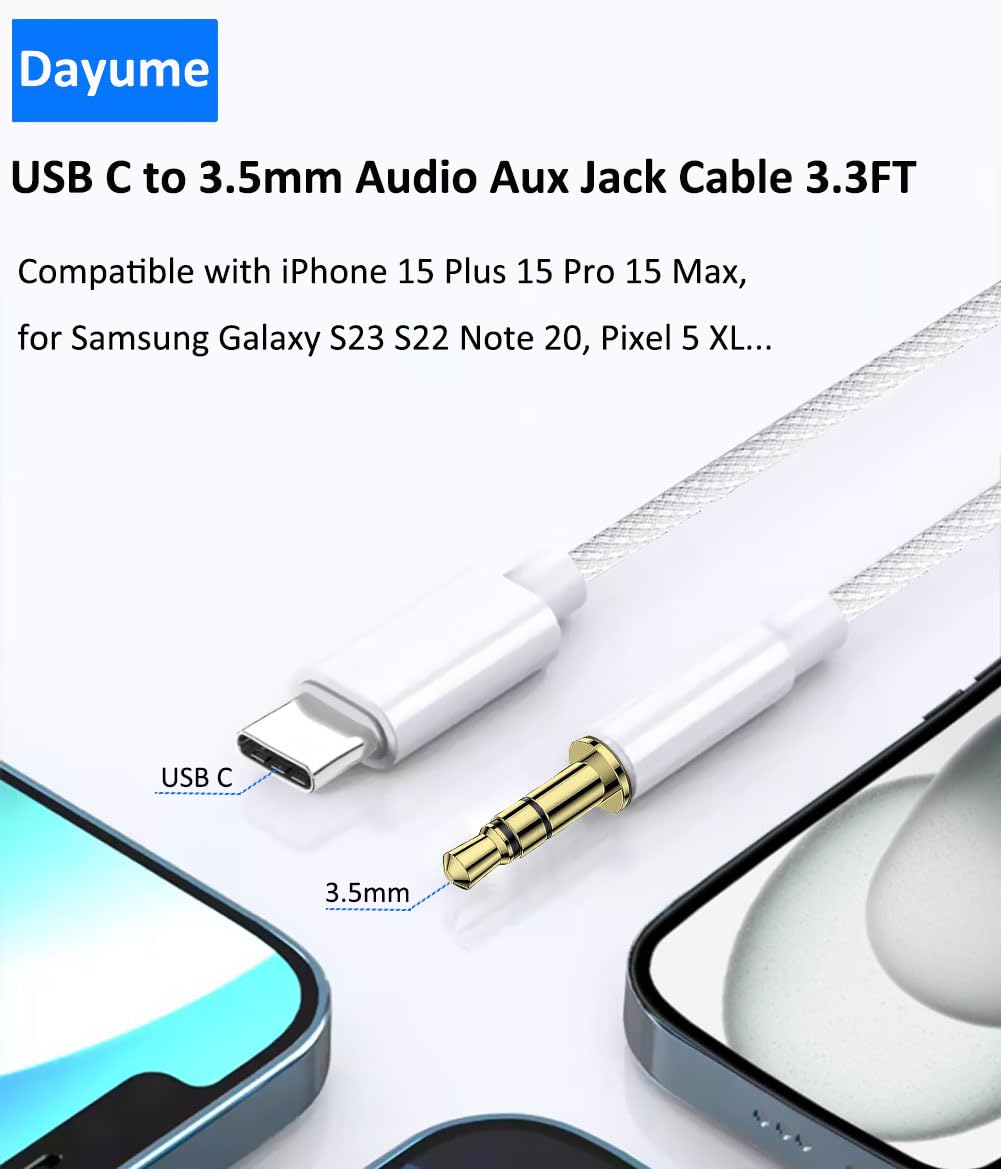 USB C to 3.5mm Audio Aux Jack Cable - 3.3FT Braided Nylon Headphone Adapter for iPhone 16/15 Pro Max, MacBook, Galaxy S23/S22 Ultra, iPad Pro/Air - Car Speaker, Home Stereo & Gaming Headset Connection