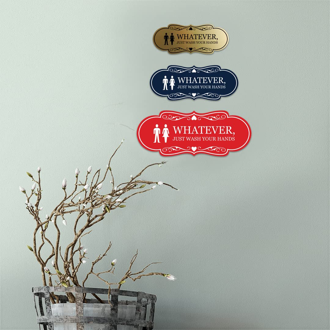 Funny Designer 'Whatever, Just Wash Your Hands' Novelty Bathroom Sign - Red Small Wall Decor for Home, Office & Restroom Humor