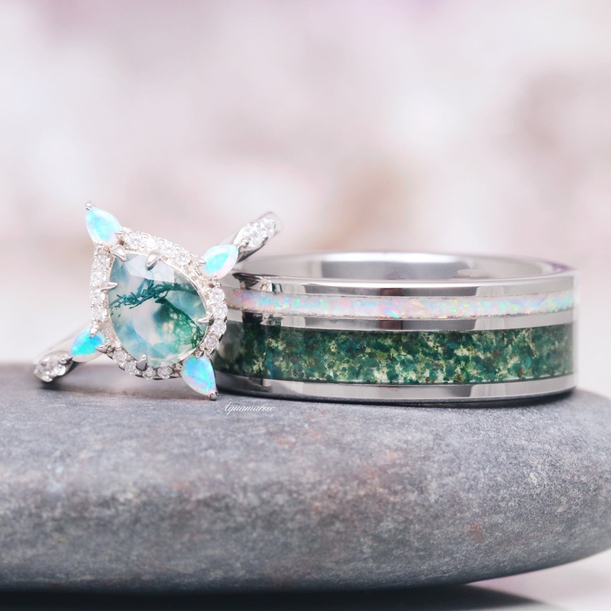 Green Moss Agate & Fire Opal Couple Rings for Women and Men - Handmade Sterling Silver Matching Promise Rings - Perfect for Anniversaries, Engagements and Romantic Gifts