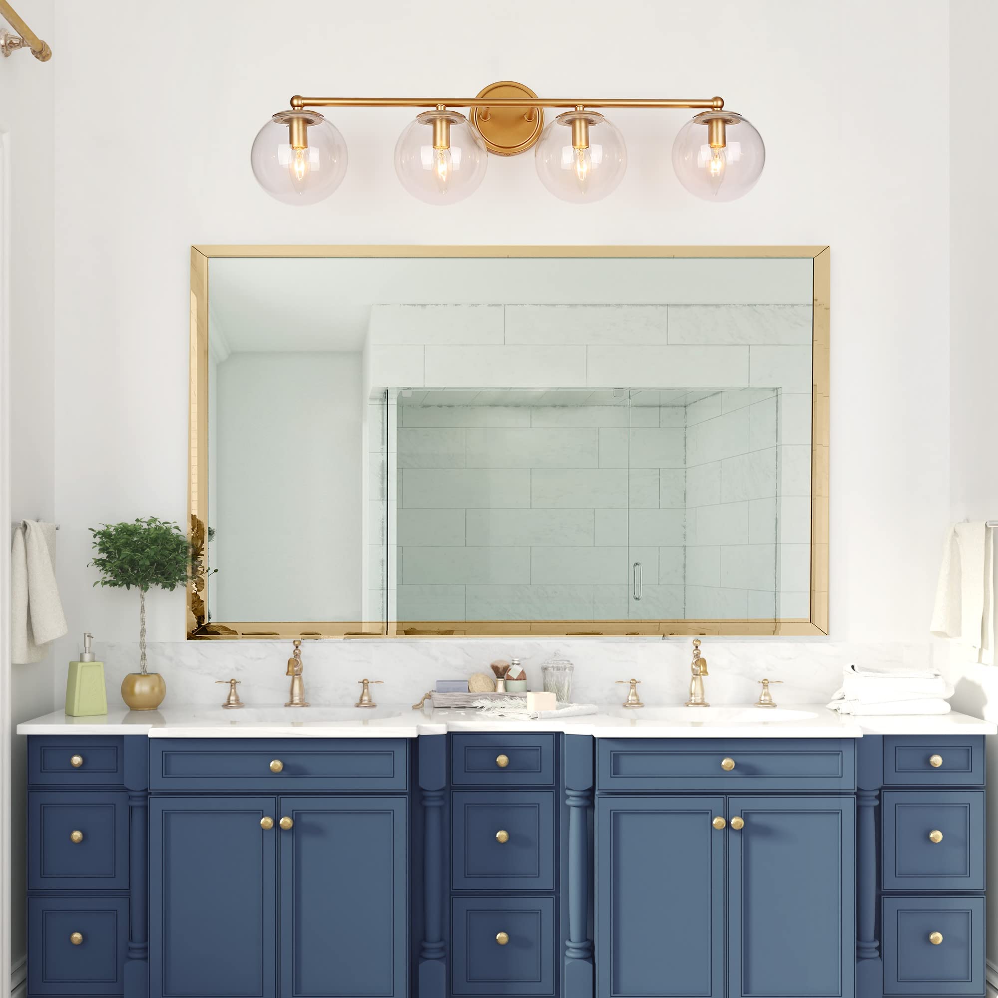 24K Gold Bathroom Light Fixtures - 4-Light Modern Vanity Lights with Clear Glass Shade for Bathroom, Hallway, Dressing Room - 29.5