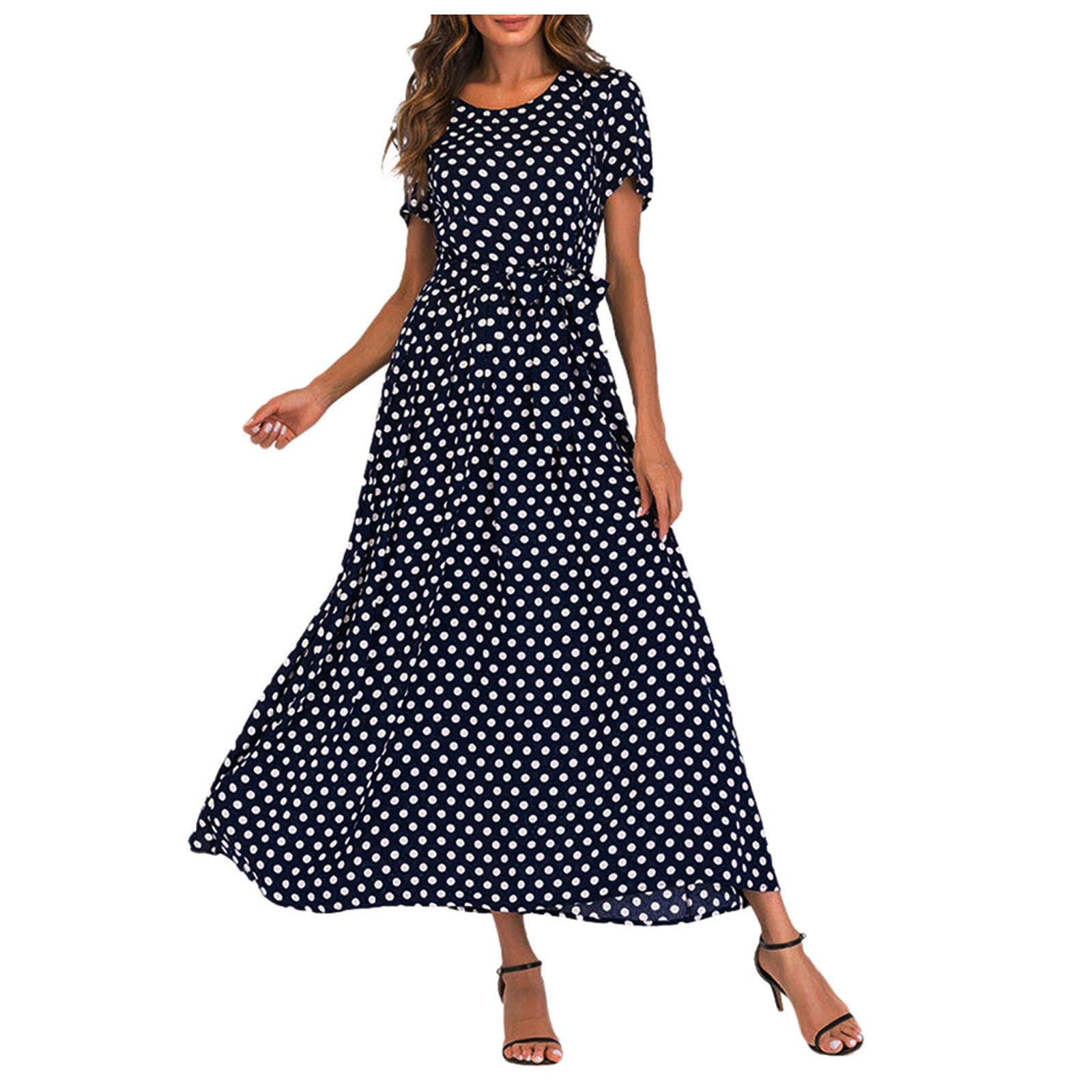 Black Polka Dot Women's Short Sleeve O-Neck Bandage Dress - Stylish Maxi Dress for Beach, Summer, and Casual Fashion | Blue Shirt Dress for Women