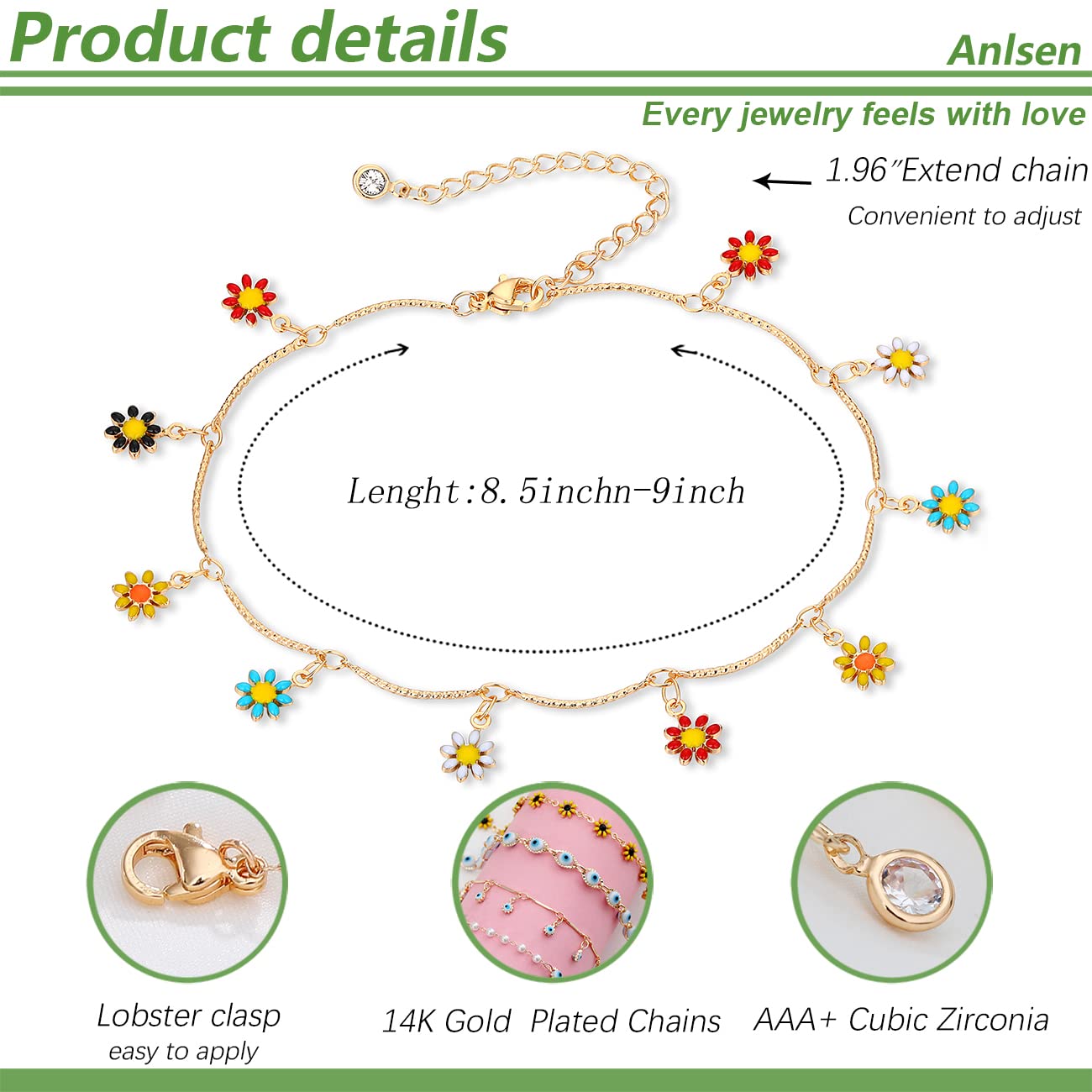 14K Gold Plated Adjustable Ankle Bracelet for Women - Daisy Moon Star Evil Eye Boho Beach Foot Chain, Dainty Anklet Jewelry for Casual Wear, Summer Outfits & Beach Vacations