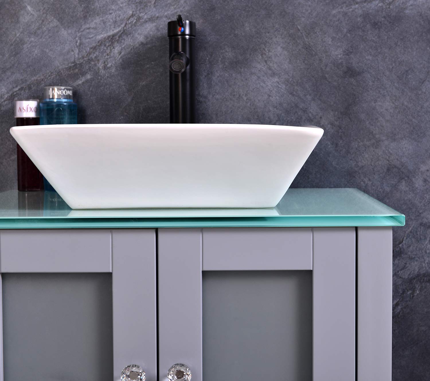 24 Inch Wooden Floor-Standing Bathroom Vanity with Ceramic Vessel Sink, Mirror, Faucet & Drain Included - Modern Grey Bathroom Set for Master Bath, Guest Bath & Powder Room Renovations